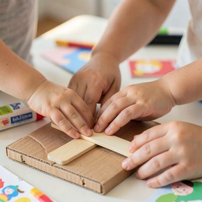 Krok budowania: dłonie dziecka i opiekuna przyklejają patyczki