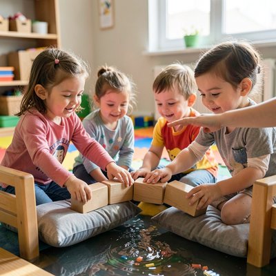 Dzieci budują mosty z dużych klocków (stacja A)