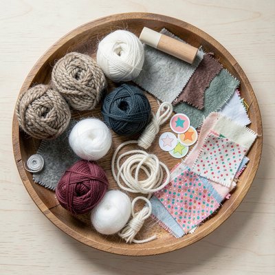 Taca z próbkami włóczki i sznurka