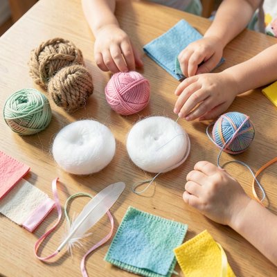 Próbki włóczek — stół do eksploracji