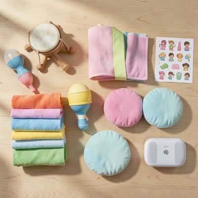 Zestaw materiałów — instrumenty i rekwizyty przygotowane do zajęć