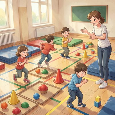 Ilustracja: Dzieci przechodzą tor przeszkód