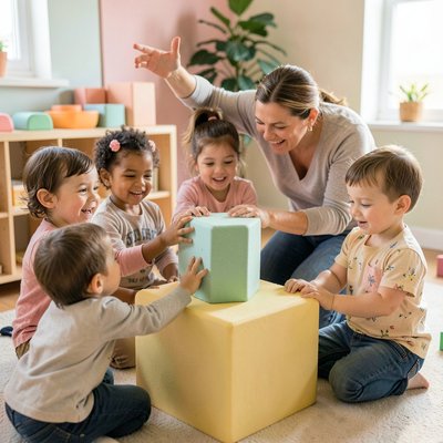 Dzieci bawią się miękkimi klockami