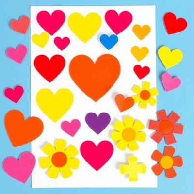 Arkusz wyciętych kształtów (serca i kwiaty)