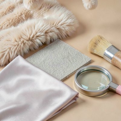 Zbliżenia tekstur — futro, filc, satyna, pędzelek