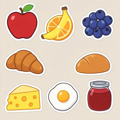 Arkusz naklejek — owoce, pieczywo, ser