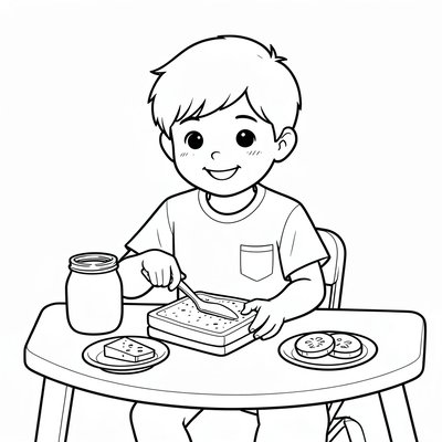 Kolorowanka: dziecko robi kanapkę — prosty kontur
