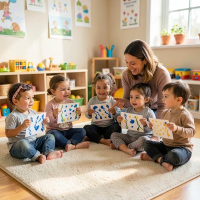 Koło powitalne — dzieci pokazują prace