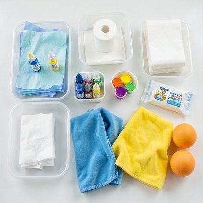 Zestaw materiałów na stację sensoryczną — układ na stole