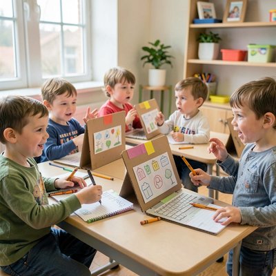 Kartonowe laptopy na biurkach