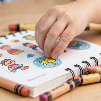 Ręka dziecka przyklejająca naklejkę w notesie