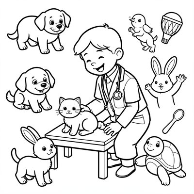 Kolorowanka: weterynarz i zwierzątka