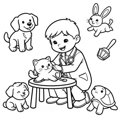 Kolorowanka: weterynarz i zwierzątka