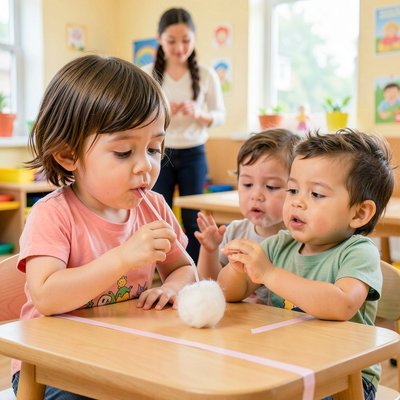 Zdjęcie/Ilustracja: Zabawa 'Przenosimy chusteczkę' — tor z watką i słomką