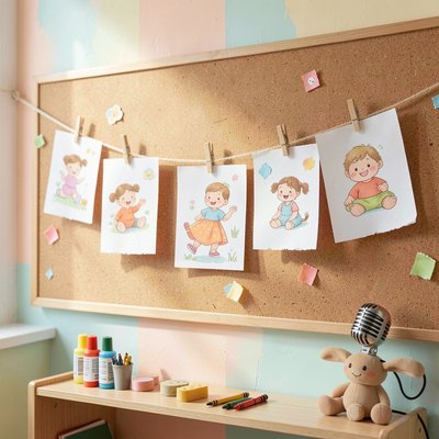 Scena wystawowa: tablica z pracami dzieci