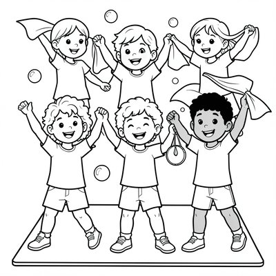 Kolorowanka — dzieci tańczą z chustami