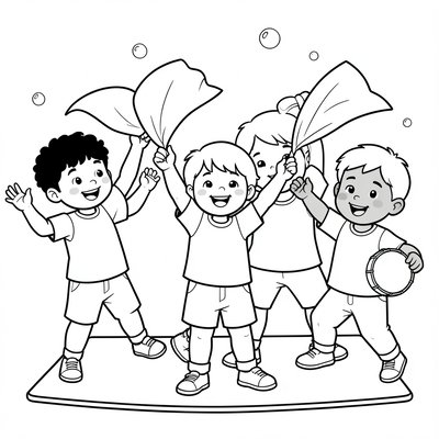 Kolorowanka — dzieci tańczą z chustami