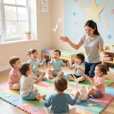 Scena zajęć: maluchy tańczą z wstążkami