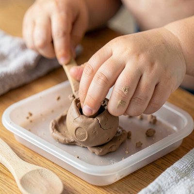 Zbliżenie rąk dziecka tworzącego 'pinch pot'