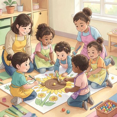 Ilustracja dzieci podczas 'partyzanckiego sadzenia' słoneczników