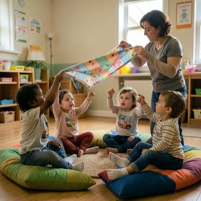 Krąg dzieci na poduszkach - ćwiczenie oddechowe