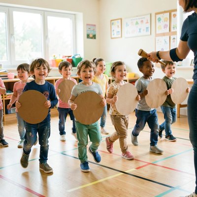 Marsz z kaszankami — dzieci trzymają papierowe krążki