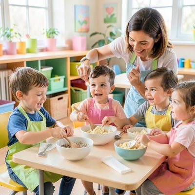 Dzieci mieszają składniki przy stoliku