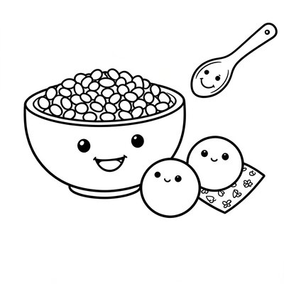 Kolorowanka: miseczka kaszy i kaszkowe kulki (prosty rysunek)