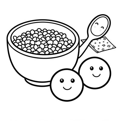 Kolorowanka: miseczka kaszy i kaszkowe kulki (prosty rysunek)