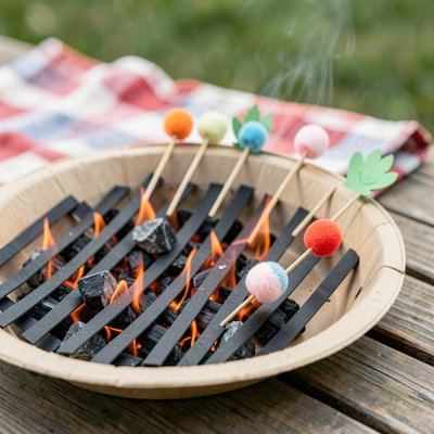 Zdjęcie poglądowe — zbliżenie gotowego grilla z pomponami