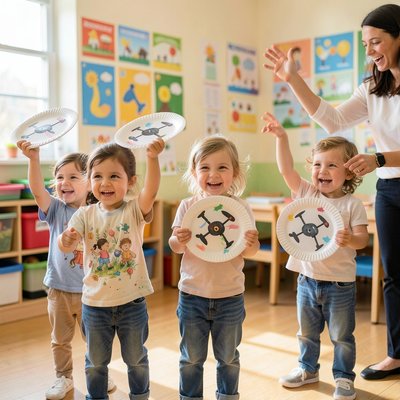 Zabawa ruchowa — dzieci udają latające drony