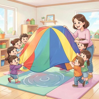 Obrazek: Dzieci z chustą tworzą fale