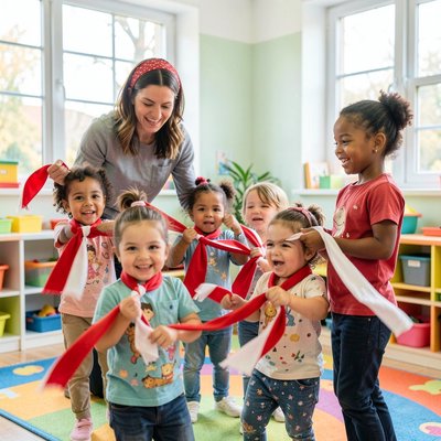 Dzieci tańczą z chustkami — scena z zajęć