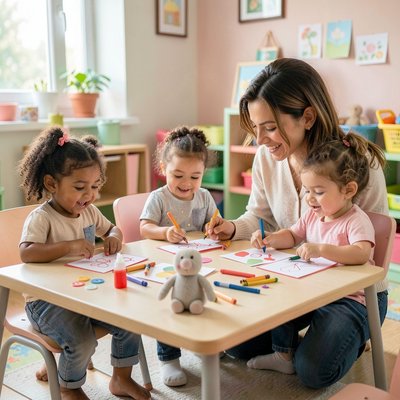 Dzieci tworzą pocztówki - scena z zajęć