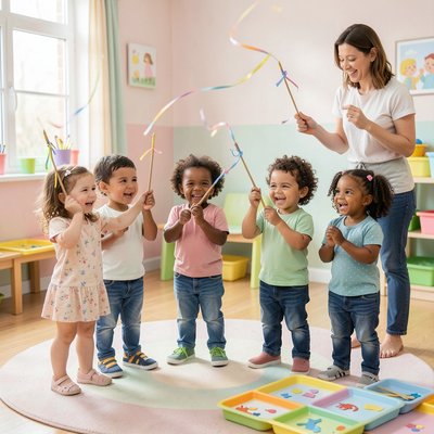 Scena zabawy: dzieci machające różdżkami