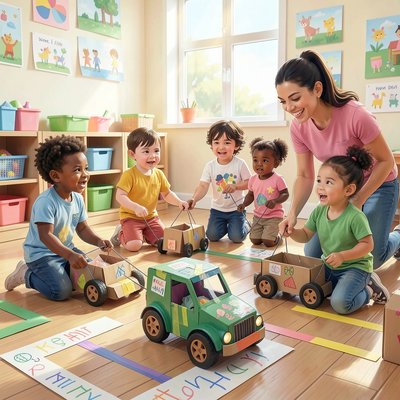 Ilustracja: Dzieci bawiące się w kierowców