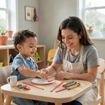 Scena pracy — opiekun pomagający dziecku