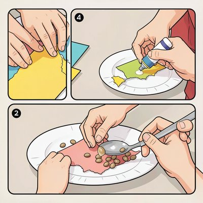 Krok po kroku: Demonstracja rozrywania i naklejania papieru (seria obrazków)