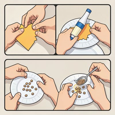 Krok po kroku: Demonstracja rozrywania i naklejania papieru (seria obrazków)