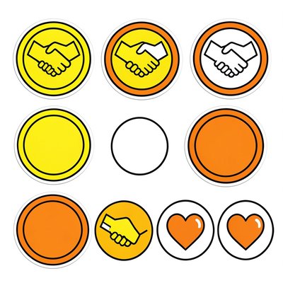 Papierowe monety i naklejki (kółeczka z symbolem współpracy)