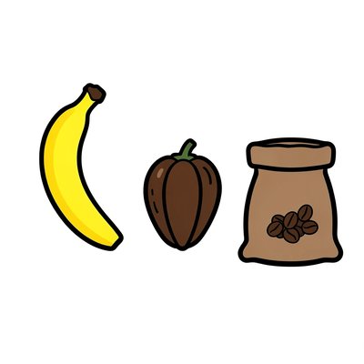 Zestaw produktów do wycięcia (banan, kakao, kawa)