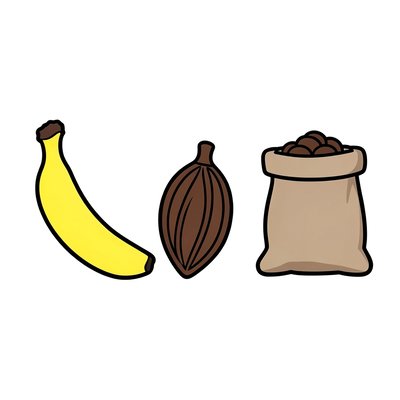 Zestaw produktów do wycięcia (banan, kakao, kawa)