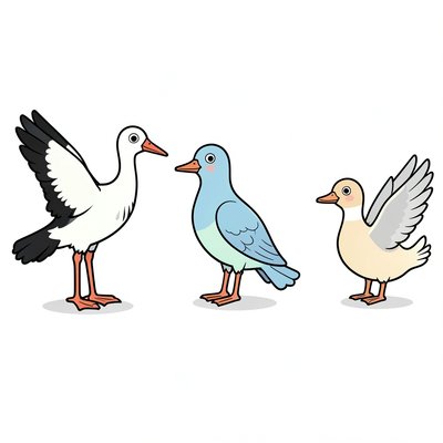 Obrazki prostych ptaków (bocian, jaskółka, gęś)