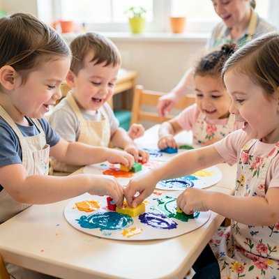 Malowanie gąbką — dzieci przy stole