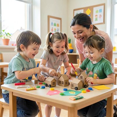 Scena zabawy — dzieci budujące miasto