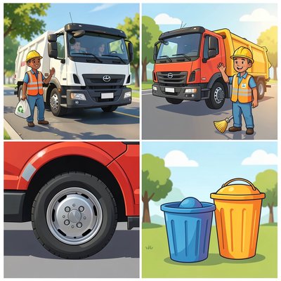 Ilustracje pracowników i śmieciarki (przykładowe zdjęcia/ilustracje)