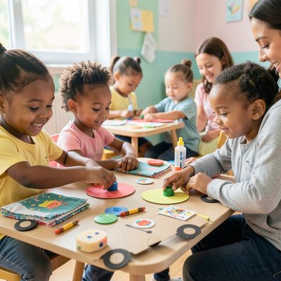 Scena zajęć: dzieci tworzą śmieciarki z materiałów