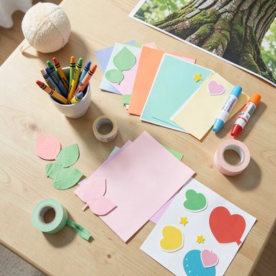 Flatlay: Stół z materiałami plastycznymi do zajęć