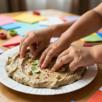 Zdjęcie ilustracyjne: sensoryczna zabawa hummusem