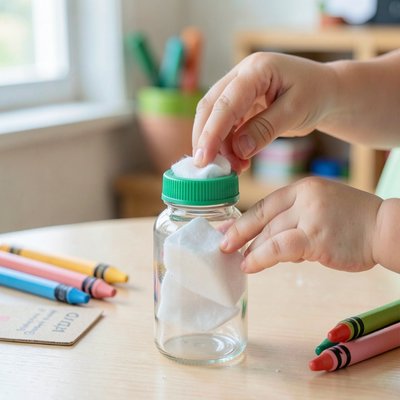 Zdjęcie instruktażowe: zbliżenie rączek wypełniających butelkę